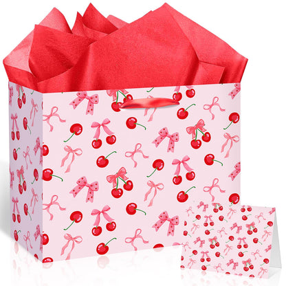 Cherry Birthday Party Gift Bag, Coquette Cherry Bow Wrapping Bag with Tissue Paper and Card Bow Fruit Themed Wrapping Paper for Girls Kids Teens Baby Shower Women Birthday Party Favors