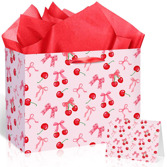 Cherry Birthday Party Gift Bag, Coquette Cherry Bow Wrapping Bag with Tissue Paper and Card Bow Fruit Themed Wrapping Paper for Girls Kids Teens Baby Shower Women Birthday Party Favors
