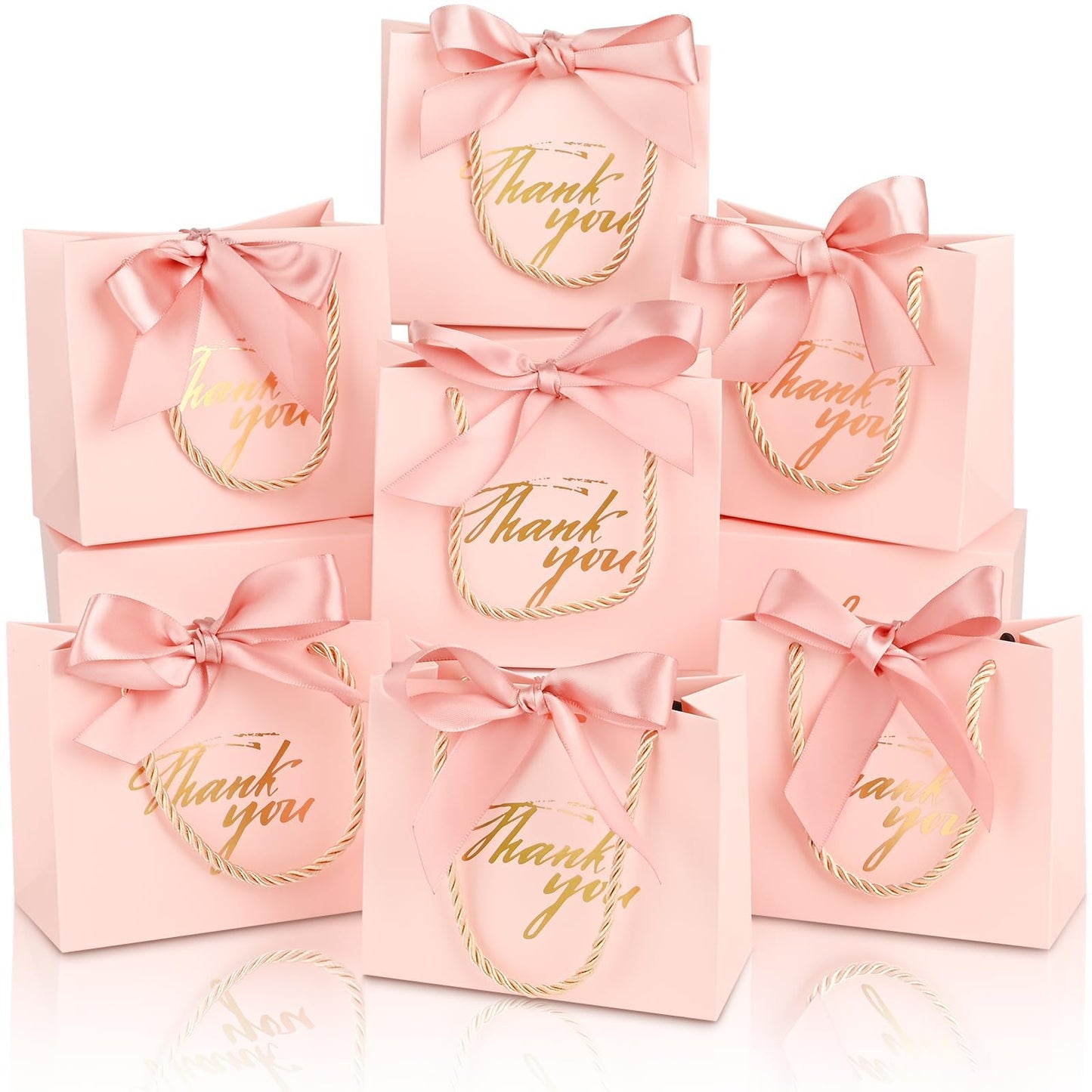 Mauproy 20 Pack Small Thank You Gift Bags with Handles, 5.5''x 2.5''x 4.7'' Mini Paper Gift Bags with Ribbons Party Favor Bags for Graduation Wedding Baby Shower (Pink)