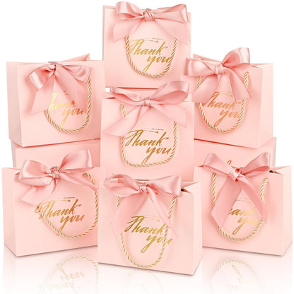 Mauproy 20 Pack Small Thank You Gift Bags with Handles, 5.5''x 2.5''x 4.7'' Mini Paper Gift Bags with Ribbons Party Favor Bags for Graduation Wedding Baby Shower (Pink)