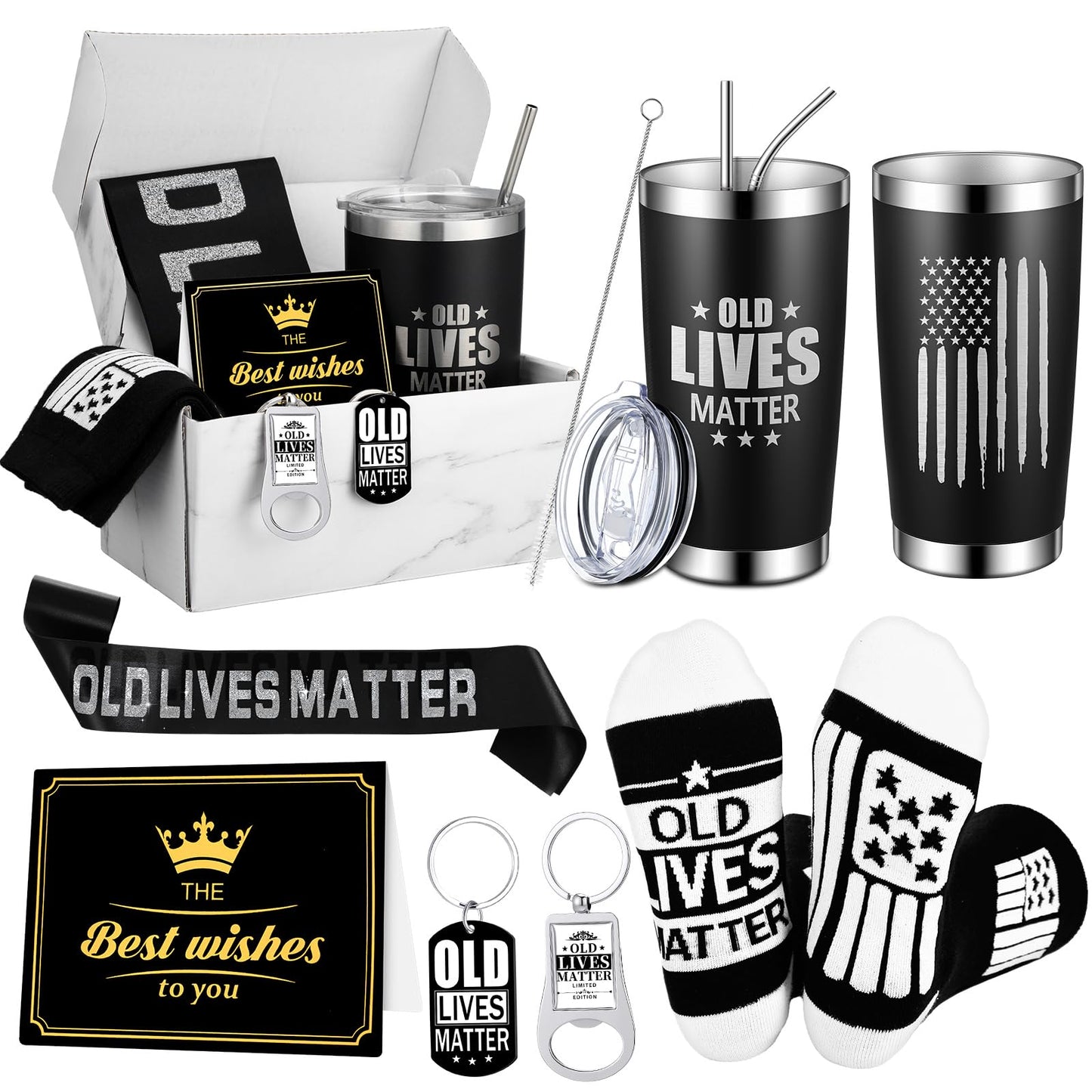 Geiserailie 7 Pcs Old Lives Father's Gifts Set for Dad Grandpa Man Include 20oz Tumbler Socks Keychain Bottle Opener Card Sash and Box for Men 30th 40th 50th 60th 70th 80th Birthday Gift