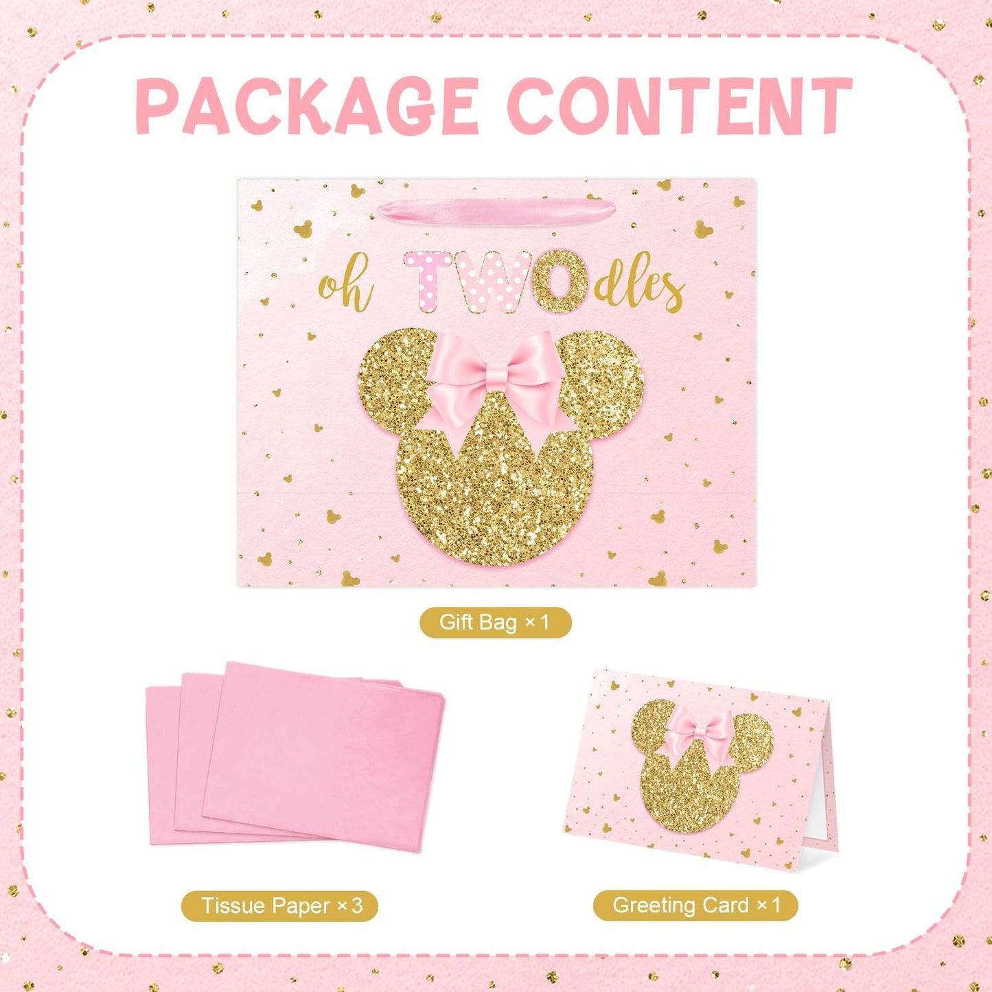 13" Large Oh Twodles Birthday Gift Bag with Tissue Paper and Greeting Card Glitter Pink Gold Wrapping Paper Bags Cartoon Mouse Happy 2nd Birthday Party Favor Bags for Girls 13"L x 10.2"H x 4.9"W