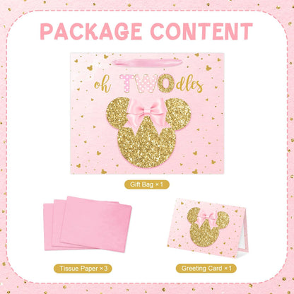 13" Large Oh Twodles Birthday Gift Bag with Tissue Paper and Greeting Card Glitter Pink Gold Wrapping Paper Bags Cartoon Mouse Happy 2nd Birthday Party Favor Bags for Girls 13"L x 10.2"H x 4.9"W