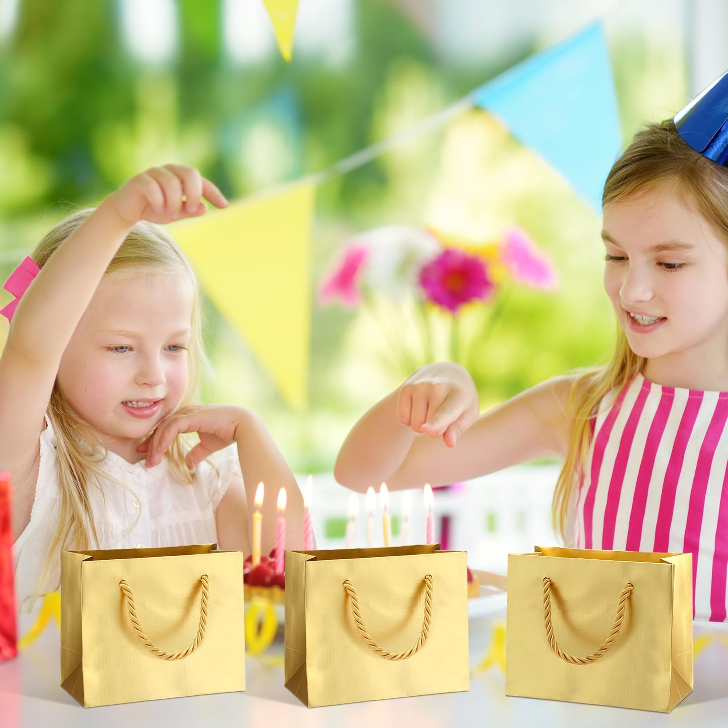 Fainne 24 Pcs Gold Mini Gift Bags with Handle Gift Card Bags Bulk Extra Small Paper Party Favor Boxes Tiny for Mother's Day Wedding Baby Shower Birthday Wrapping Supplies, 4.7 x 3.9 x 2.3 Inch