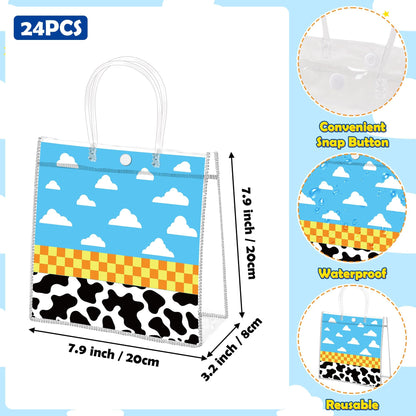 Wood Homing 24PCS Cartoon Story PVC Clear Gift Bag with Handle, Blue Sky White Cloud Cow Reusable Plastic Party Favor Bags for Kids, Toy Inspire Game Themed Goodie Bags Baby Shower Birthday Decoration