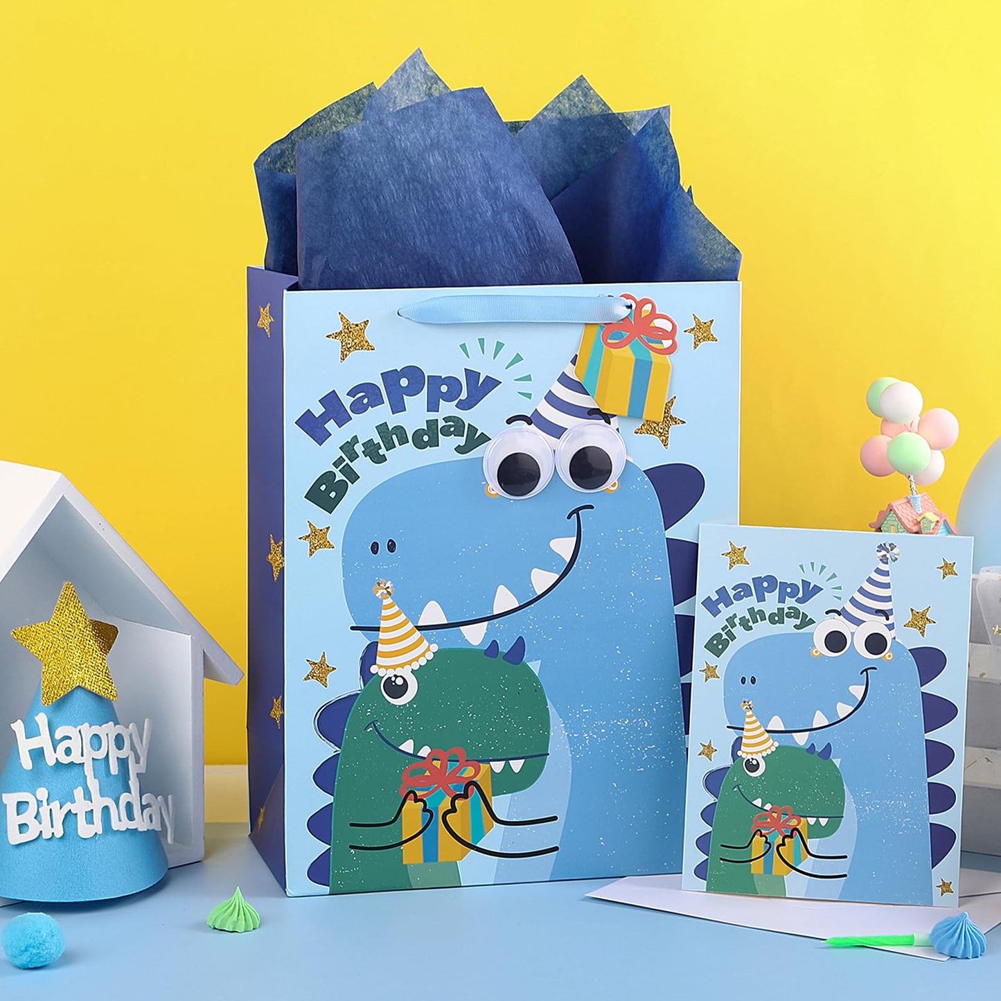 Loveinside Dinosaur Birthday Gift Bag Set, Medium Bag with Tissue Paper, Greeting Card and Tag, Blue Birthday Dinosaur Design, 10" x 5" x 13", 1 Pcs