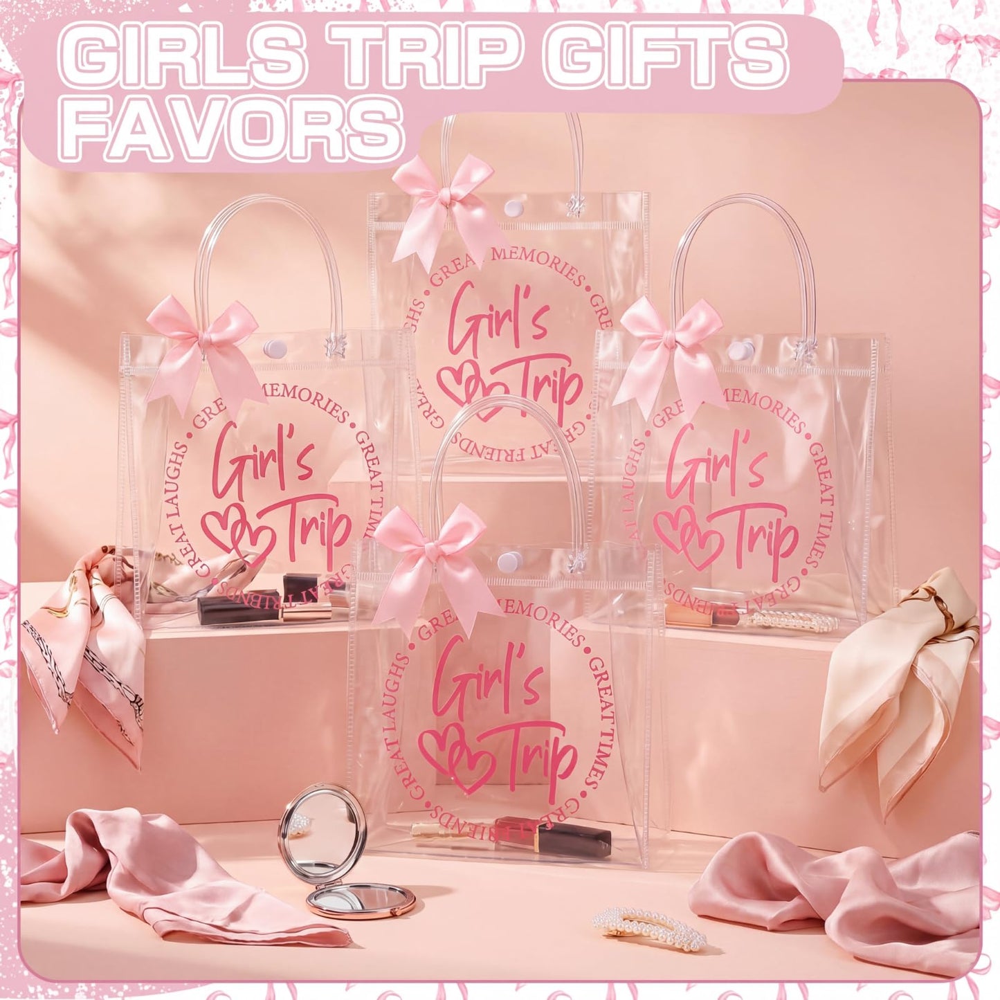 Vicenpal 12 Sets Clear Girls Trip Gift Bags with Handles 12 Pcs Pink Bows PVC Plastic Spa Party Treat Goodie Snack Bags for Birthday Slumber Bachelorette Weekend Party Favors, 7.9 x 7.9 x 3.1''