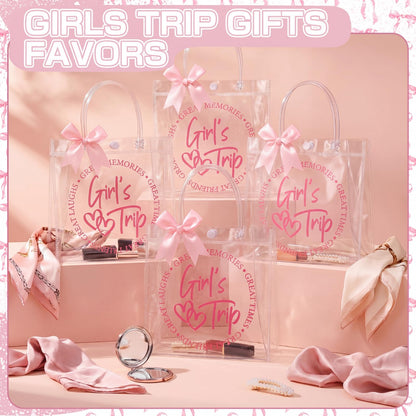 Vicenpal 12 Sets Clear Girls Trip Gift Bags with Handles 12 Pcs Pink Bows PVC Plastic Spa Party Treat Goodie Snack Bags for Birthday Slumber Bachelorette Weekend Party Favors, 7.9 x 7.9 x 3.1''