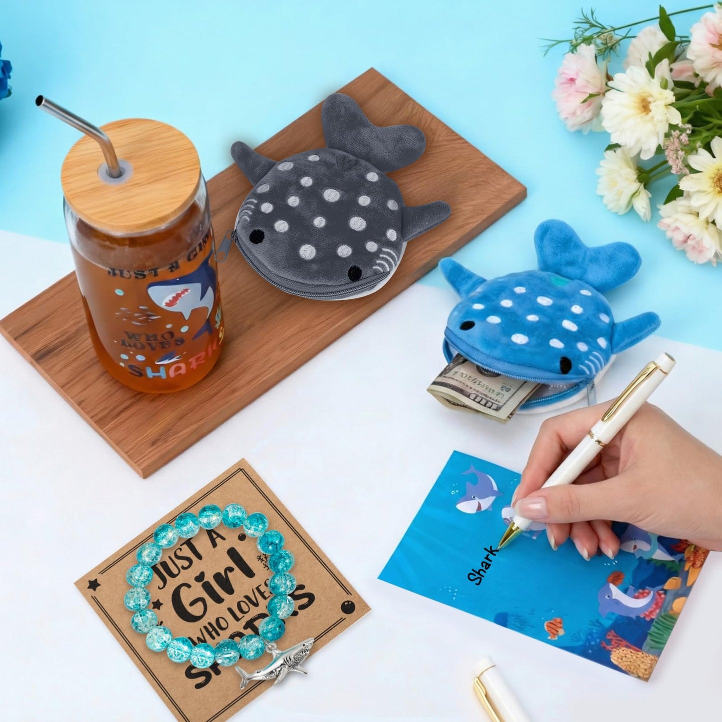 Shark Gifts for Women, 10Pcs Shark Lovers Gift for Girls Including Glass Cup Bracelet Tote bag Makeup Bag Shark Coin Purse Socks Notepad Gift Card for Christmas Birthday Mothers Day