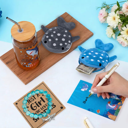 Shark Gifts for Women, 10Pcs Shark Lovers Gift for Girls Including Glass Cup Bracelet Tote bag Makeup Bag Shark Coin Purse Socks Notepad Gift Card for Christmas Birthday Mothers Day