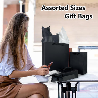 Assorted Sizes Black Gift Bags with Ribbon Handles Kraft Paper Shopping Bags with Tissue Paper for Party Business Wedding Birthday Graduation Fathers Day (Black 6, 9 , 12.6 Inches, 6 Inches, 9 Inches, 12.6 Inches)