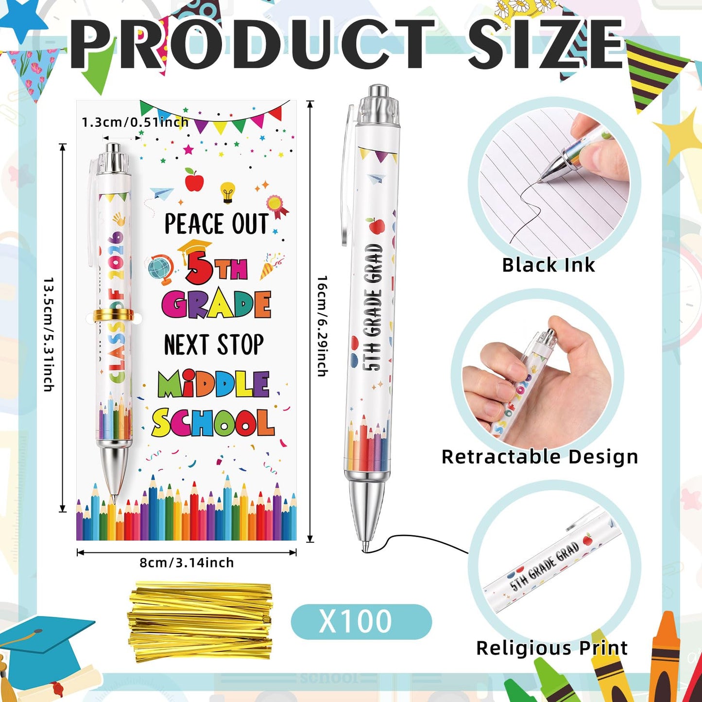 Sayglossy 24 Set 5th Grade Graduation Gifts Bulk Class of 2026 Ballpoint Pens with Inspirational Greeting Cards Fifth Grade Graduation Party Favors for Students (White)