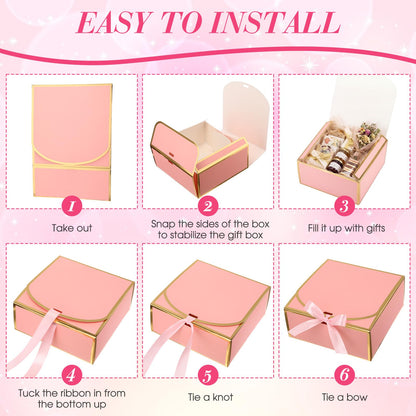 Jaloro 16 Pack Pink Gift Boxes with Lids, 7x7x3 Inch Bridesmaid Proposal Box with Ribbons for Present Wedding, Birthday, Anniversary, Mother's Day, Graduation, Baby Shower, Cupcake Packaging