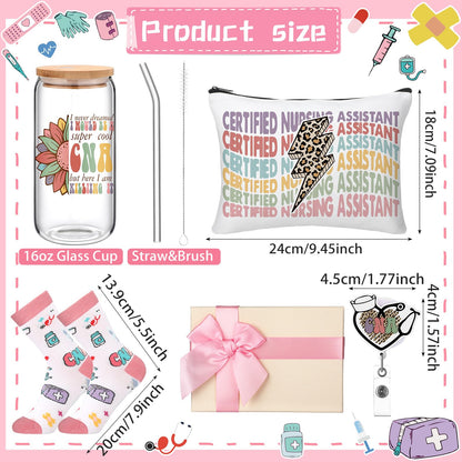 Skylety 5 Pcs CNA Gifts for Women Certified Nursing Assistant Gift 16 oz Glass Cup Socks Cosmetic Bag Badge Reel CNA Week Appreciation Gifts Box for Nursing Student Graduation Retirement Birthday