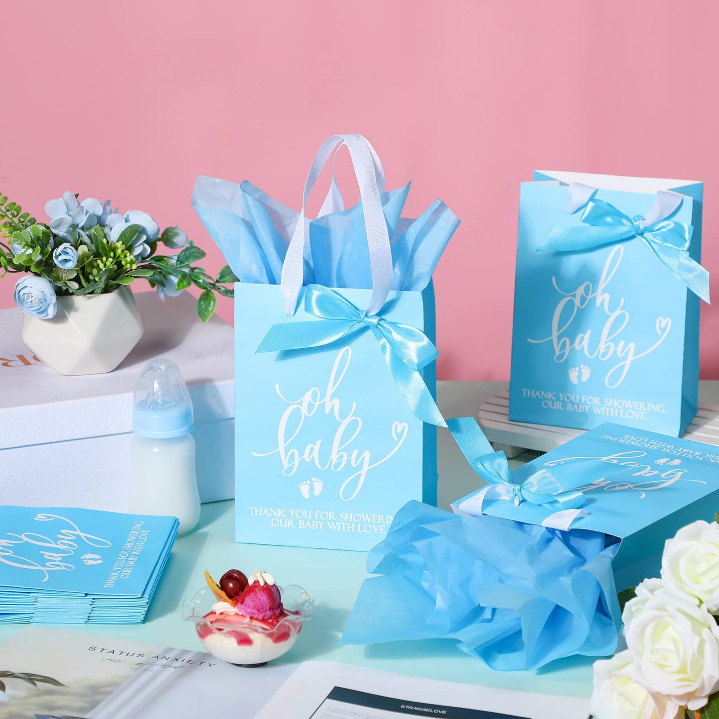 PerKoop 50 Packs Baby Shower Gifts Bags Bulk Baby Shower Favor Bags with Handle Paper and 50 Sheets Decorative Tissue Paper for Guests Gifts Gender Reveal(Blue)