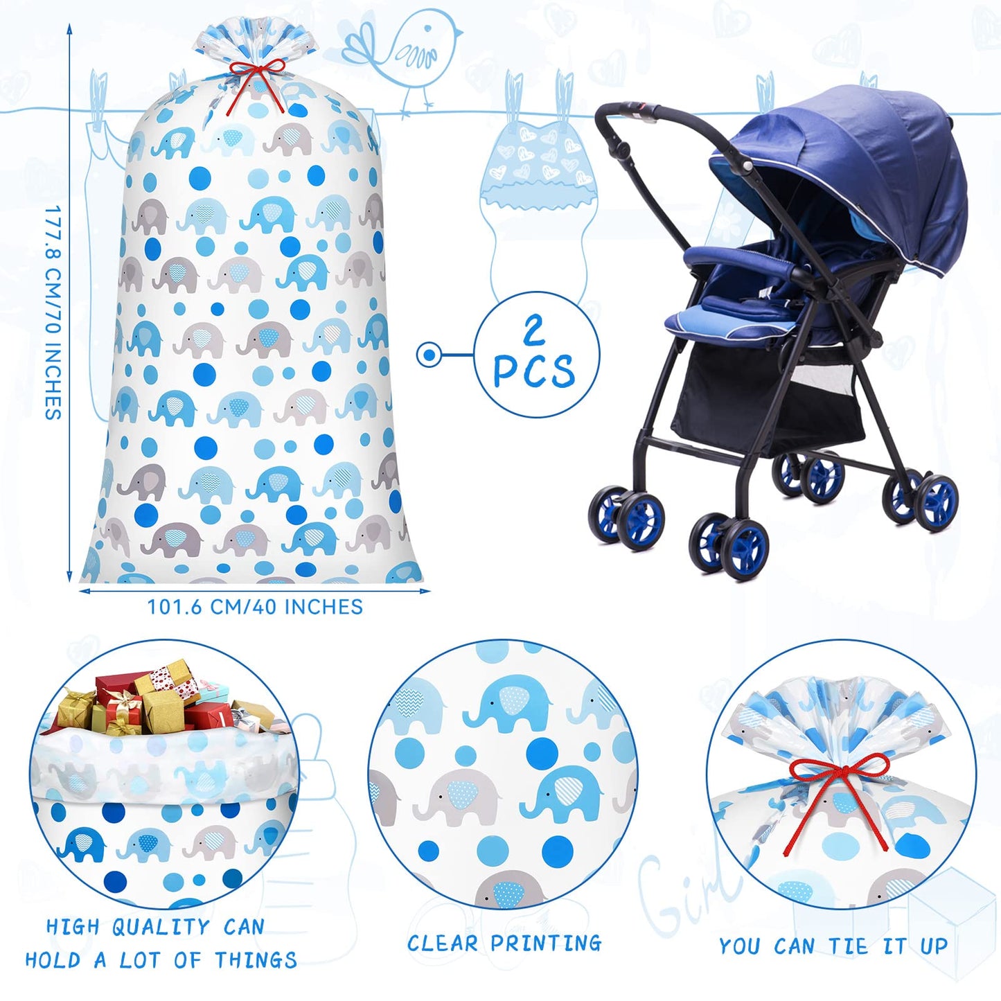 Leinuosen 2 Pcs 70 Inches Extra Large Gift Bags for Baby Shower Jumbo Oversized Plastic Gift Bags with Ropes for Birthday Parents Party Favors(Blue Elephant Polka Dot)