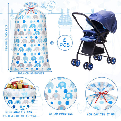 Leinuosen 2 Pcs 70 Inches Extra Large Gift Bags for Baby Shower Jumbo Oversized Plastic Gift Bags with Ropes for Birthday Parents Party Favors(Blue Elephant Polka Dot)