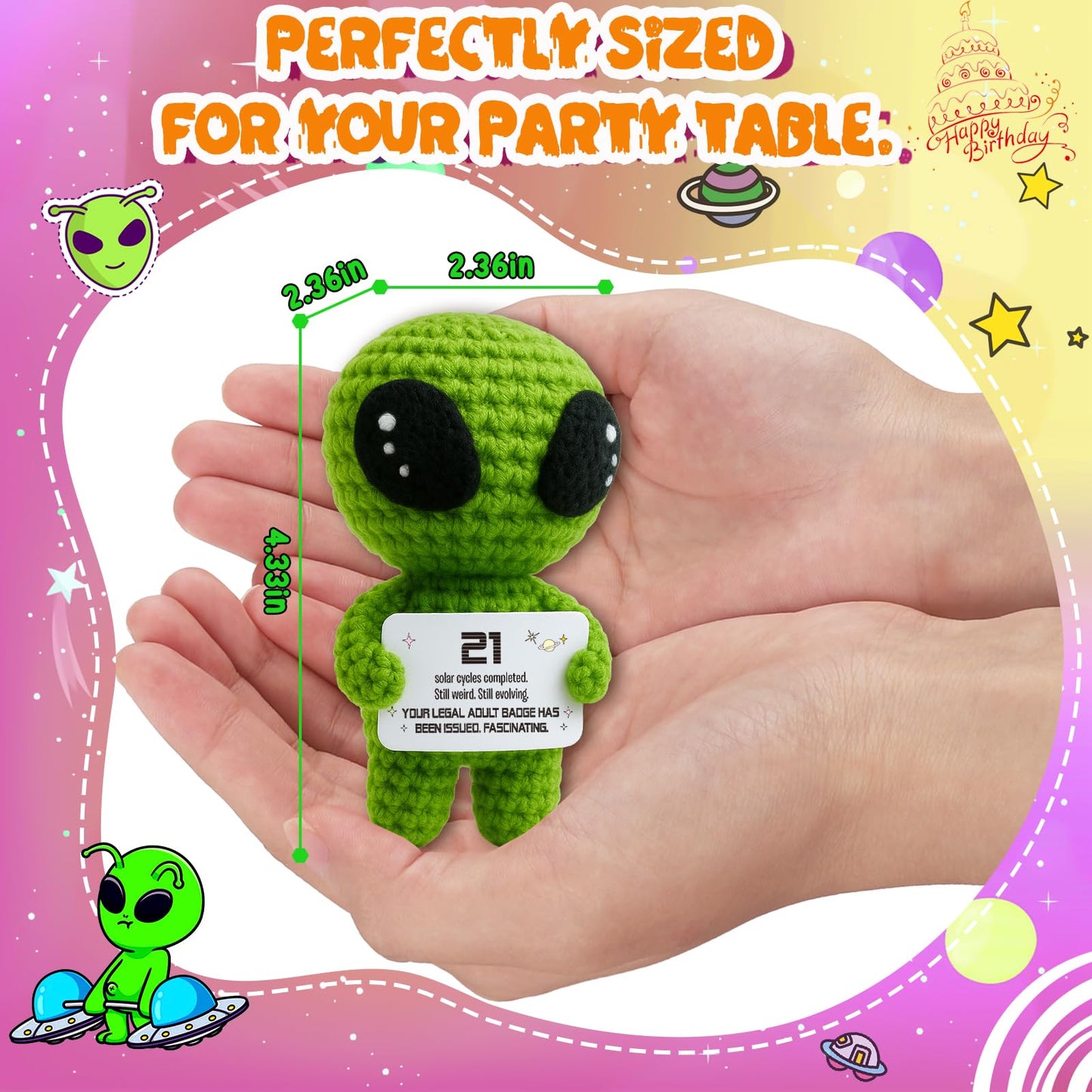 21st Birthday Gifts – Handmade Crochet Alien Plush with Funny Legal Adult Birthday Message Card – Cute 21 Years Old Celebration Gift for Him or Her, Bday Milestone Keepsake