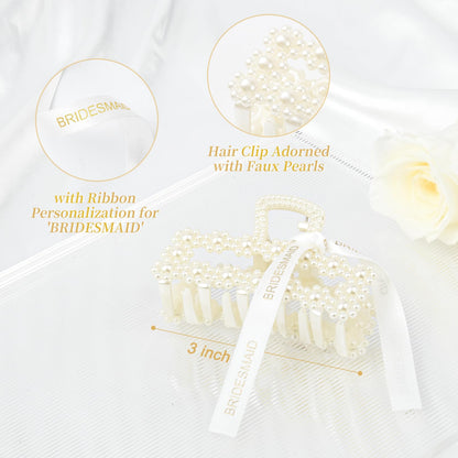 8 PCS Pearl Bridesmaid Gifts Rectangle Hair Claw Clips with Ribbon 3 Inch Hair Hccessories for Wedding Bachelorette Party Favors
