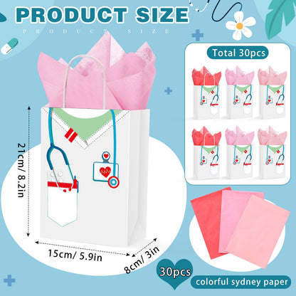 Nezyo Nurses Graduation Gifts 30 Pcs Nurse Gift Bags with 30 Wrapping Tissue Papers for Medical Graduation Appreciation Thank You Party Supplies(Classic,White)