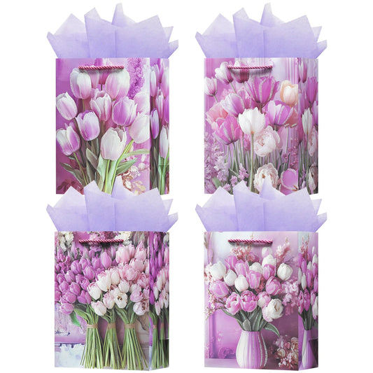 OFIHANLY 4 Pack 9" Small Size Floral Gift Bag with Handles for Women Birthday Purple Tulip Paper Gift Wrap Bags with Tissue Paper for Happy Mother's Day, New Mom, Grandma