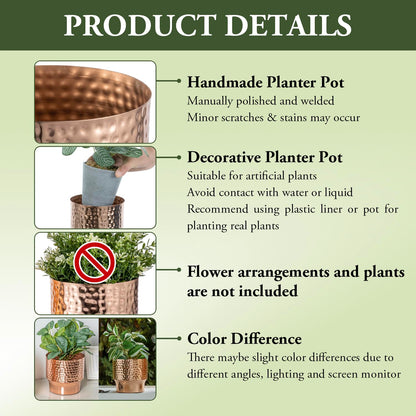 MyGift 5 and 6 Inch Modern Hammered Copper Tone Metal Planter Pots, Decorative Flower Pot Plant Container Centerpiece Décor, 2 Piece Set - Handcrafted in India