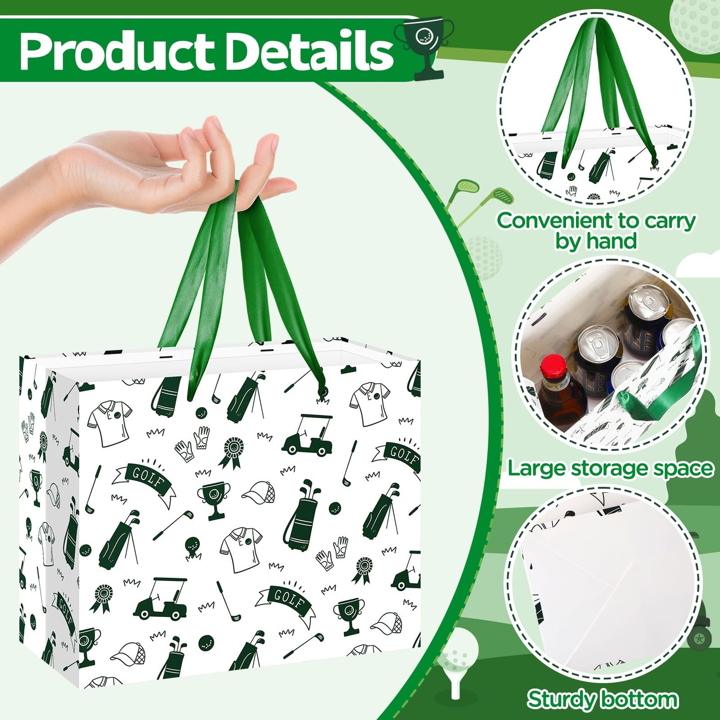 Wayyogh Golf Gift Bag for Boys & Men - Golf Theme Birthday Gift Wrapping Bag with Tissue Paper, Greeting Card, Decorations - Sports Party Favors - Green, 30 x 24 x 13.5cm