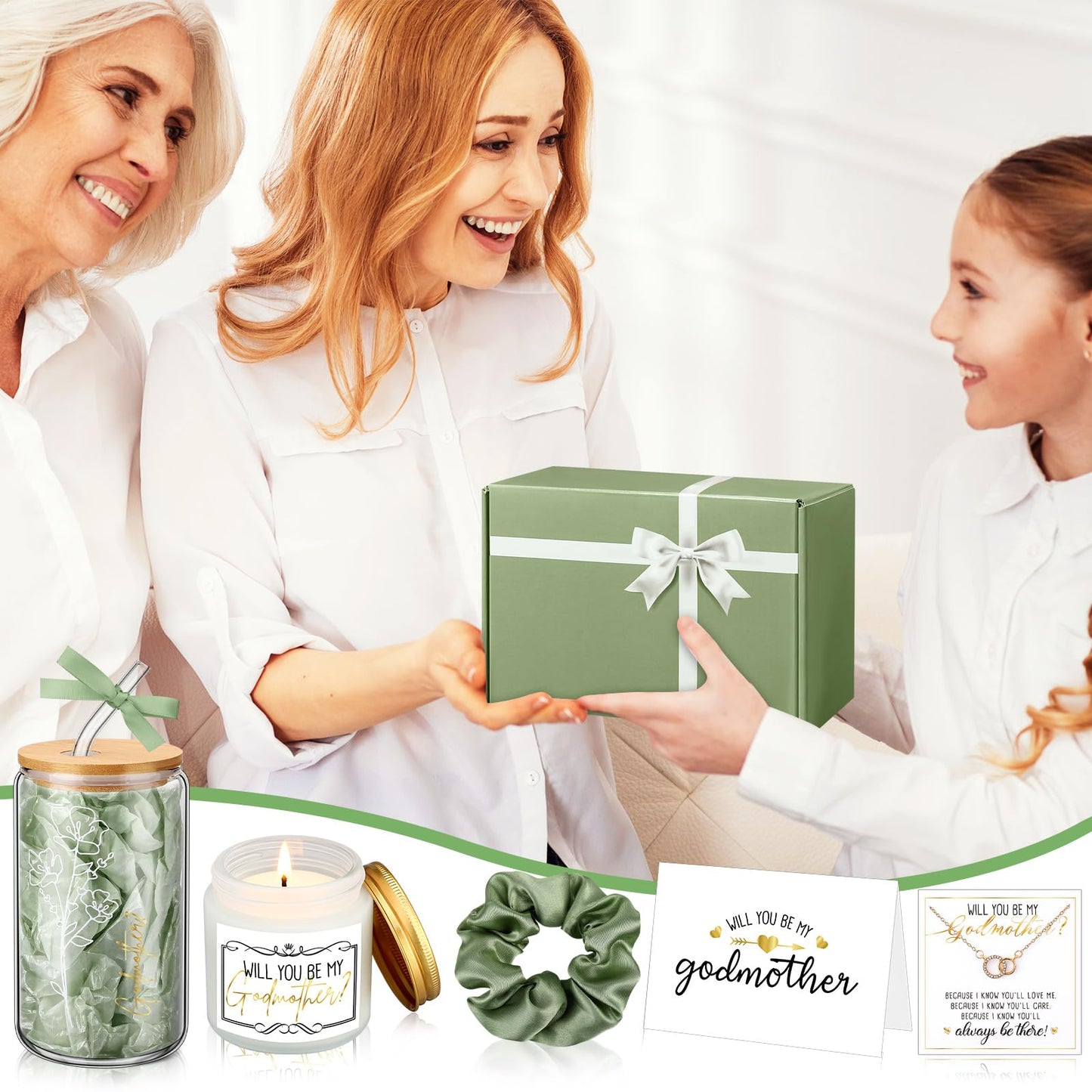 6 Pcs Godmother Proposal Gift Set, Will You Be My Godmother Gift Box, 16oz Glass Cup, Necklace & Scented Candle from Godchild for Baptism Mother’s Day Birthday(English,Sage Green)