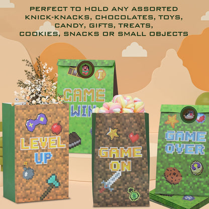 24 PCS Pixel Miner Party Favor Bags Pixel Themed Treat Goodie Bags for Birthday Party Supplies, Boys and Girls Pixelated Video Game Gift Candy Goody Bags for Mine Party or Birthday Party Decorations