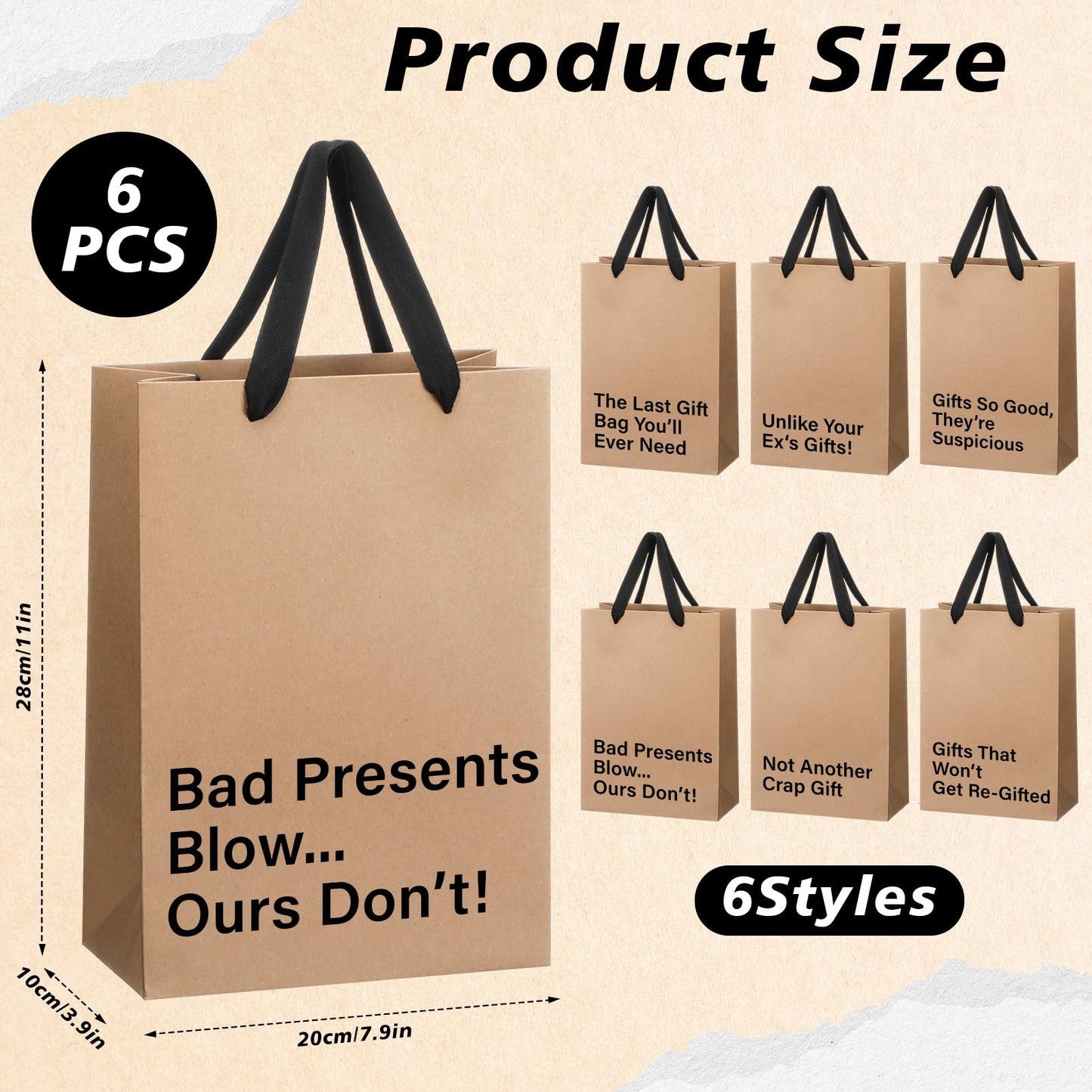 SilTriangle 6 Pcs Classic Funny Gift Bags, Reusable Novelty Gift Bags with Snarky Sayings, 11 x 8 x 4 Inch Funny Wrapping for Men Women Adults Graduation Birthdays Wedding Summer Party Favor