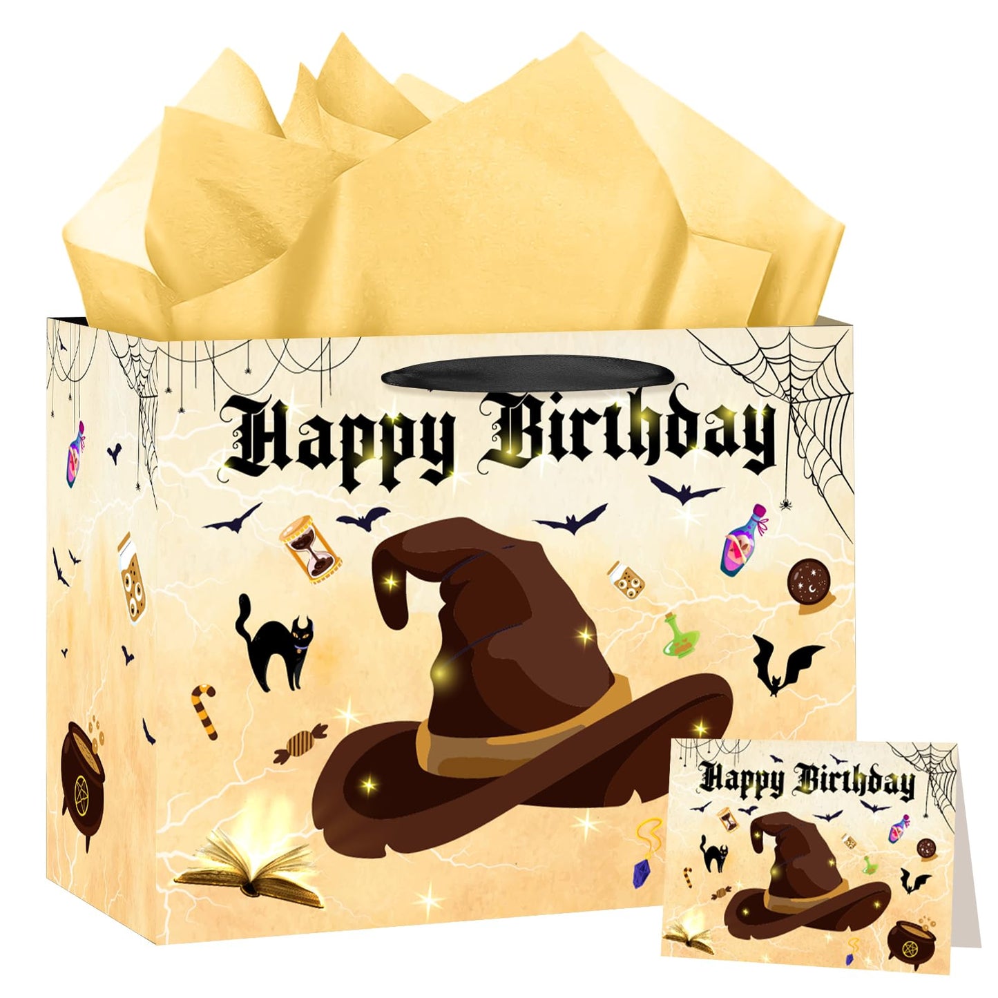 LUUFILx Wizard Birthday Gift Bag Wizard Hat Birthday Party Favors with Wrapping Paper Card Wizard School Gift Wrap Bag for Girls Boys Halloween Wizard Party Decorations Party Supplies (Yellow)