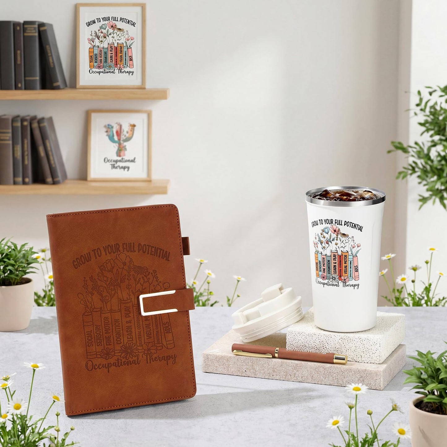 Pickmesh 3 Pcs Occupational Therapist Gifts Set 17 oz Coffee Tumbler A5 Leather Notebook Journal Pen Occupational Therapy Appreciation Ot Gifts for Women Men Graduation Birthday Holiday