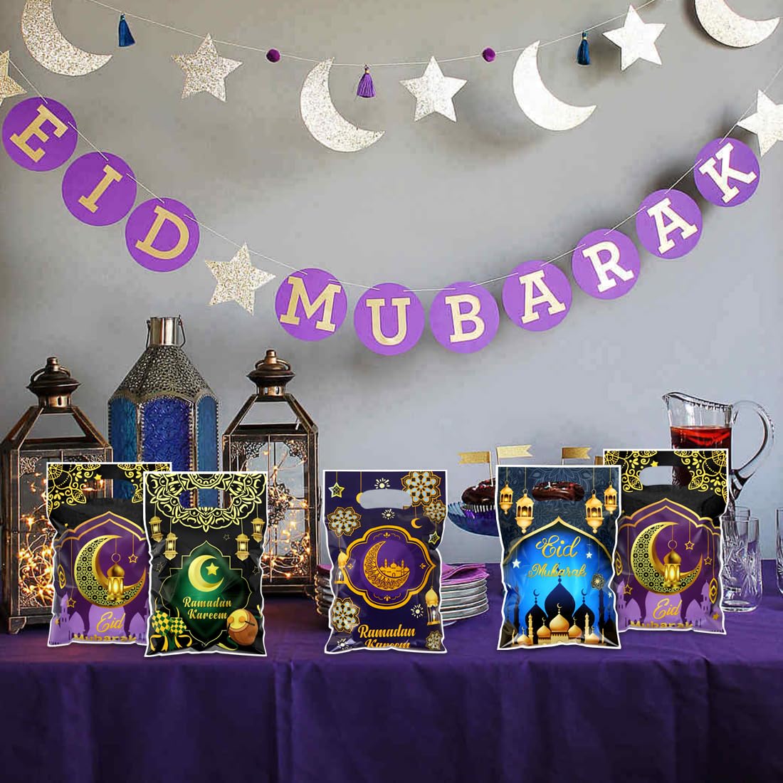 50pcs Eid Mubarak Gift Bags with Die Cut Handles, 4 designs - Golden Crescent Moon Lantern Muslim Mosque Print Goodie Candy Snack Plastic Gift Bags Pouch for Eid Al-fitr Ramadan Islamic Diwali Party