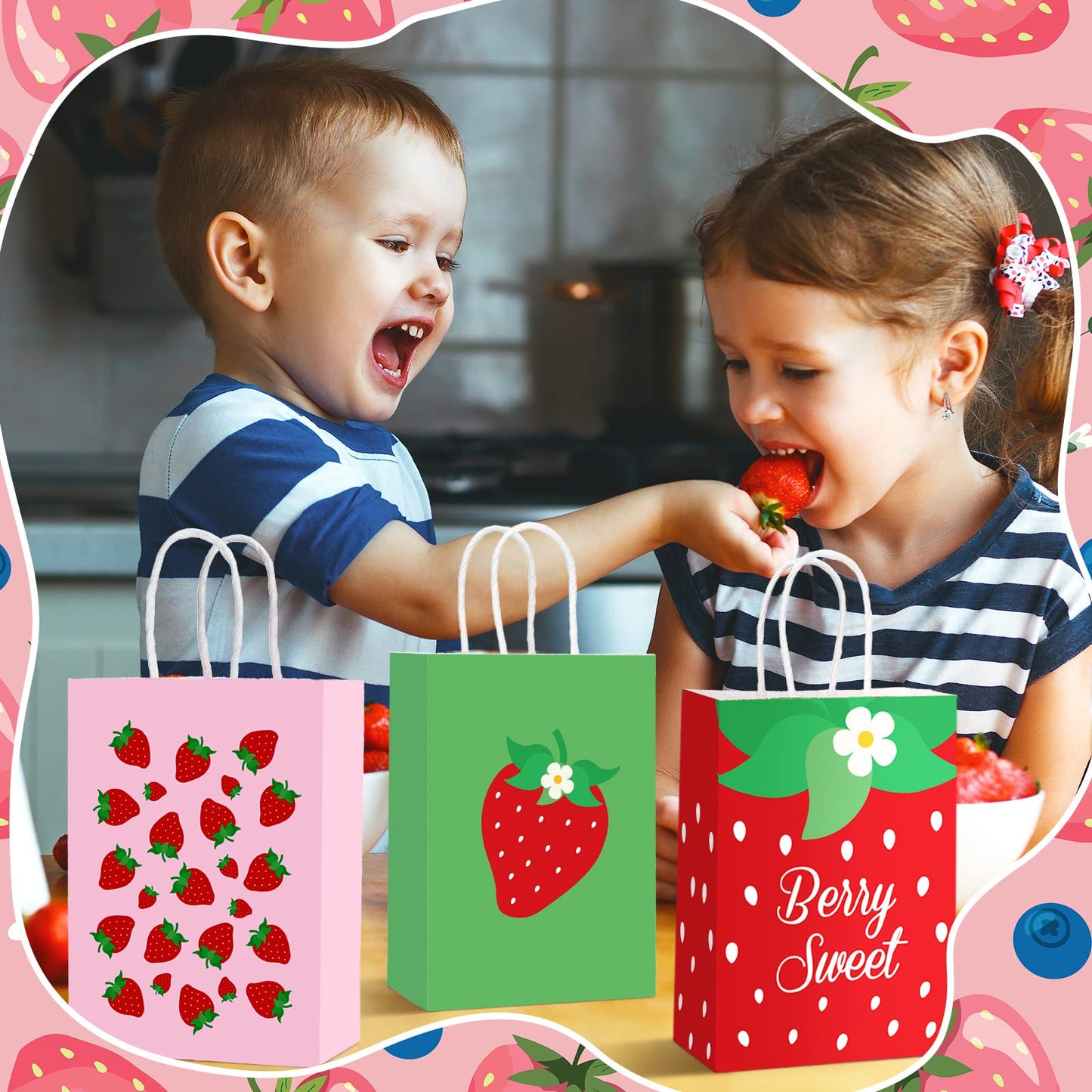 Outus 24 Pcs Strawberry Party Favor Bags Summer Strawberry Gift Bags Cute Strawberry Goodie Candy Paper Bags with Handles for Kids Berry First Birthday Party Supplies Baby Shower Wedding Decoration