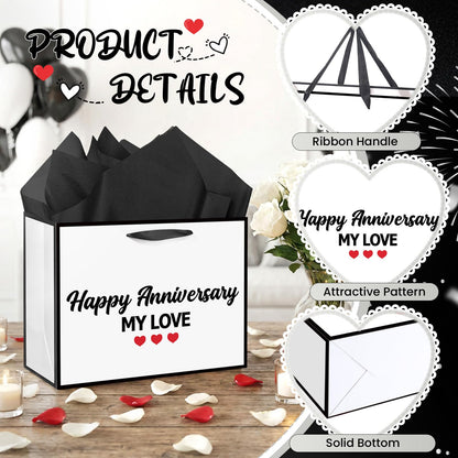 Happy Anniversary My Love Gift Bag Wedding Anniversary White Gift Bags with Wrapping Paper and Card Romantic Milestone Anniversary Celebration Party Favor Bag Decorations Goodie Supplies for Husband Wife Couples Him Her