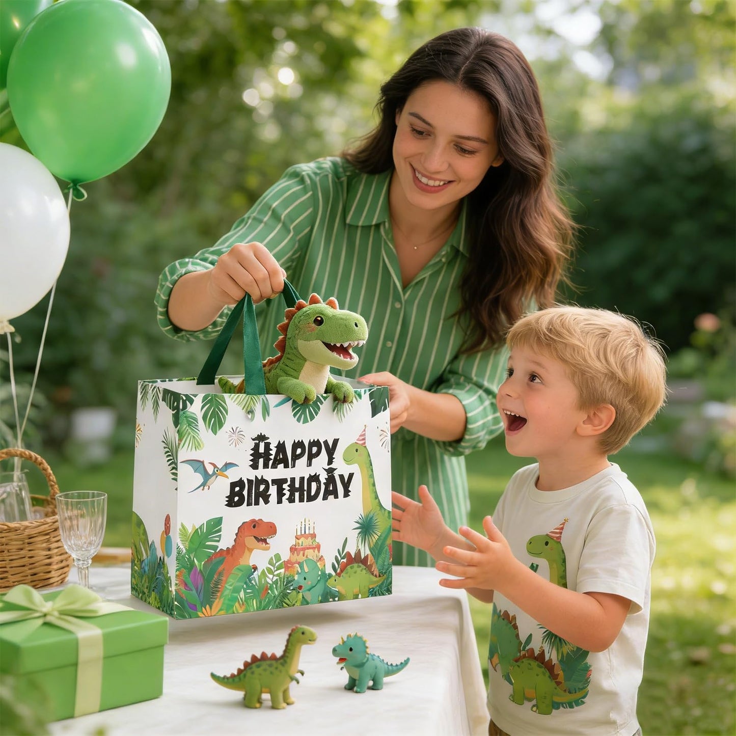 Lednica Dinosaur Happy Birthday Gift Bag with Tissue Paper, Envelop and Greeting Card, T-Rex Paper Gift Bags for Kids Boys Girls, Green Dino Party Favors Supplies, 11.8"x9.5"x5.3"