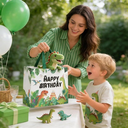 Lednica Dinosaur Happy Birthday Gift Bag with Tissue Paper, Envelop and Greeting Card, T-Rex Paper Gift Bags for Kids Boys Girls, Green Dino Party Favors Supplies, 11.8"x9.5"x5.3"