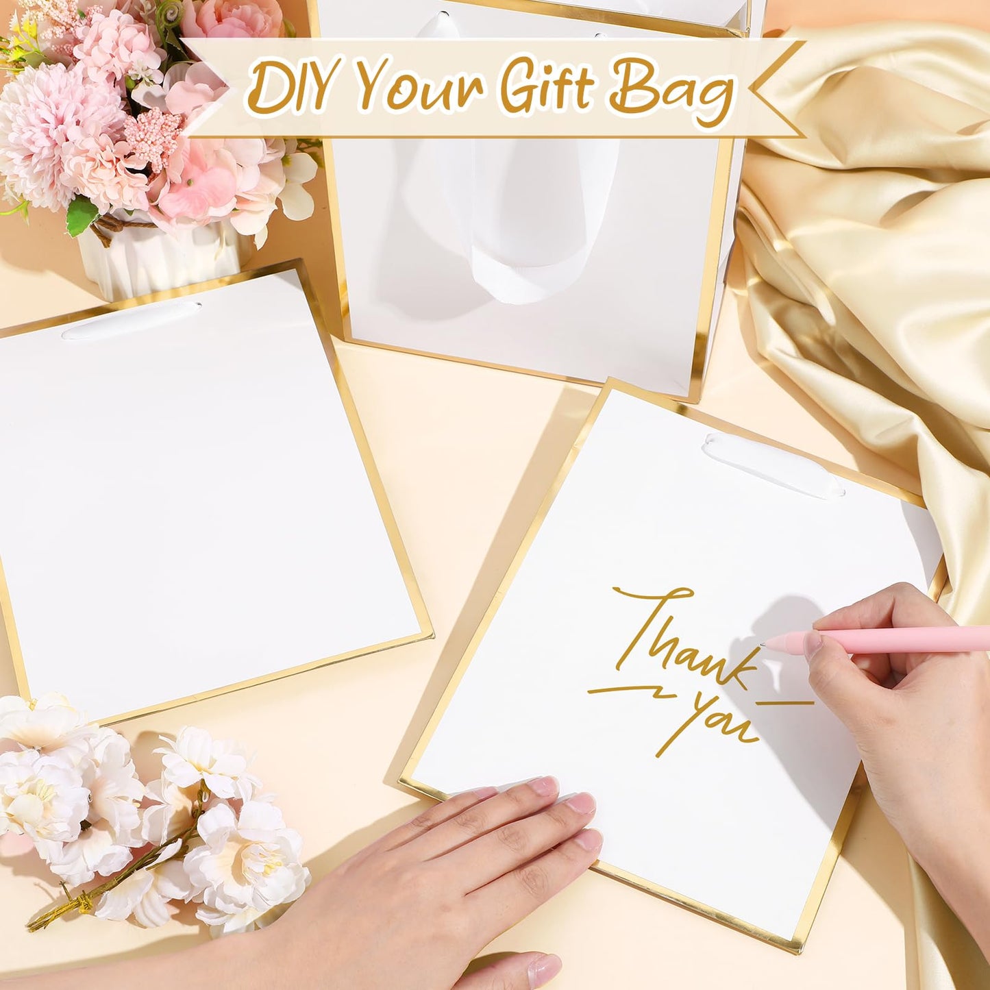 Yeaqee 50 Pack Metallic Gift Bags with Handle and Tissue Paper Gold Foil Thank You Bag for Graduation Wedding Groomsmen Bridal Baby Shower Gifts Holiday Party Favors 9x7x3.15'' (White Gold)