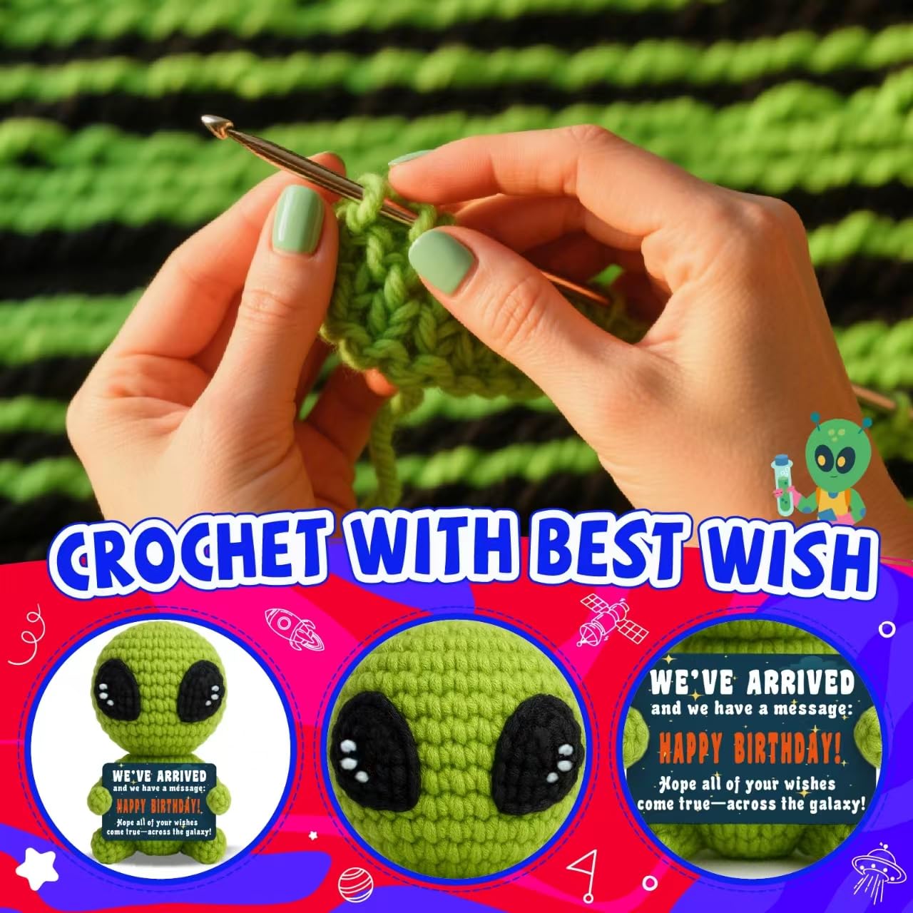 Cool Crochet Alien Unique Birthday Gifts for Him Her Man Women Friends Handmade Positive Alien Funny Space Theme 18th 21th Birhtday Gift for Sci-Fi Fans
