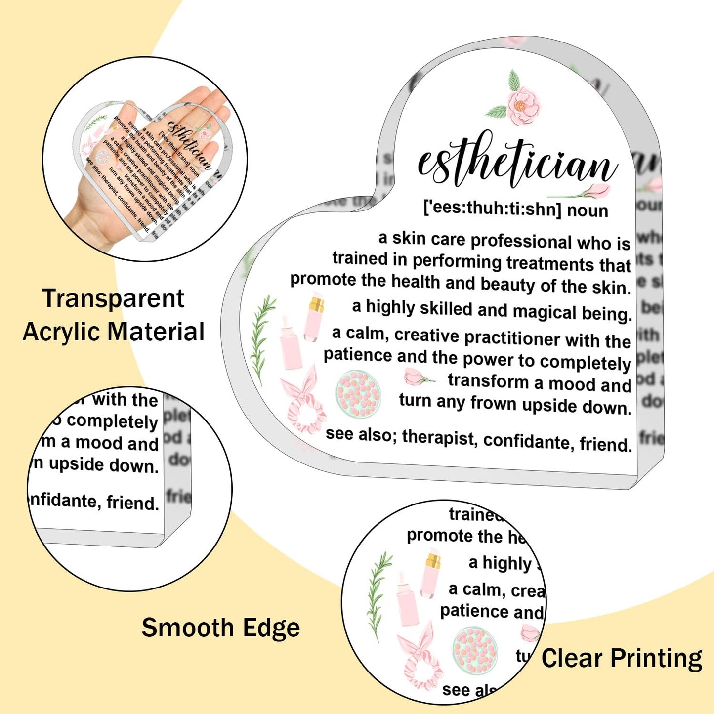 Esthetician Gift for Women Men,Inspirational Gifts for Women,Thank You Gifts for Esthetician,Heart Shaped Acrylic Desk Decorative Sign for Home Office,Birthday Thank You Gifts