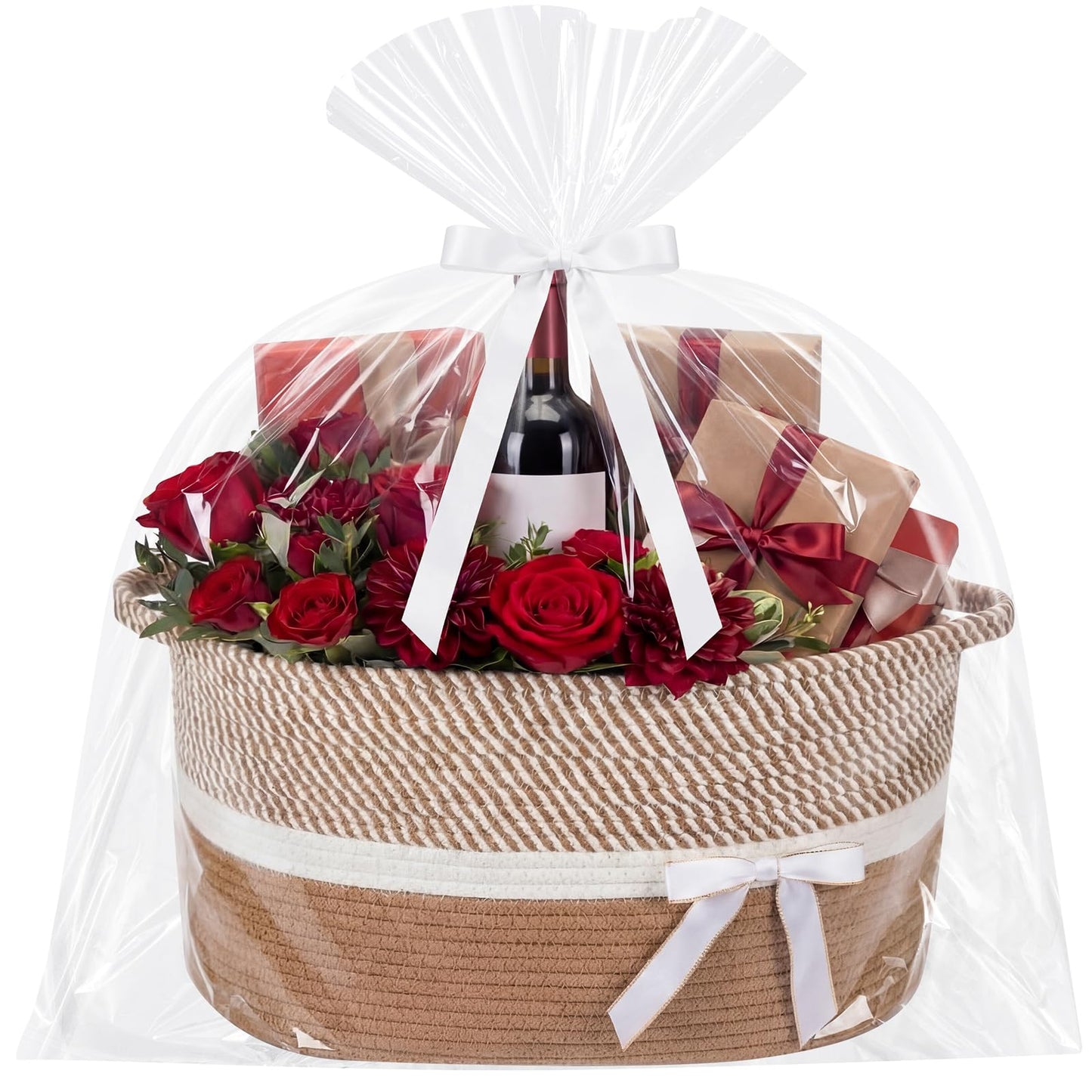 Colingmill Extra Large Graduation Gift Basket Empty with Ribbons Bow Tie Bag, Grad Woven Empty Decorative Box, Woven Rope Storage with Handles Home Decor(15 x 11 x 9.5 Inch, Khaki White)