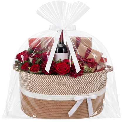 Colingmill Extra Large Graduation Gift Basket Empty with Ribbons Bow Tie Bag, Grad Woven Empty Decorative Box, Woven Rope Storage with Handles Home Decor(15 x 11 x 9.5 Inch, Khaki White)