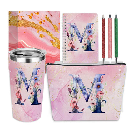 Personalized Gifts Monogrammed Birthday Gifts for Women, Her, Teacher Mother in Law Wedding Christmas Initial 20 oz Tumbler, Makeup Bag Cup Pens Journal Notebook 6 Set, (Aesthetic Pink Flower M)