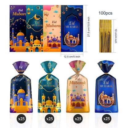 100 Pcs Eid Mubarak Cellophane Bags 4 Styles Ramadan Cello Bag Moon Star Castle Candy Bags with Twist Ties Multi-Color Treat Gift Bag for Goodies Ramadan Festival Party Favor