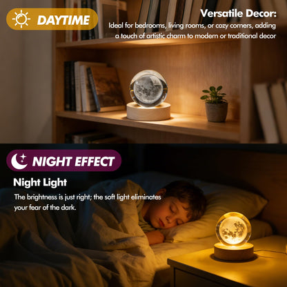 Crystal Moon Crystal Ball with Light Base Night Light 2.3Inches Glass Moon Globe Home Decor Birthday Gift for Women, Friends, Family