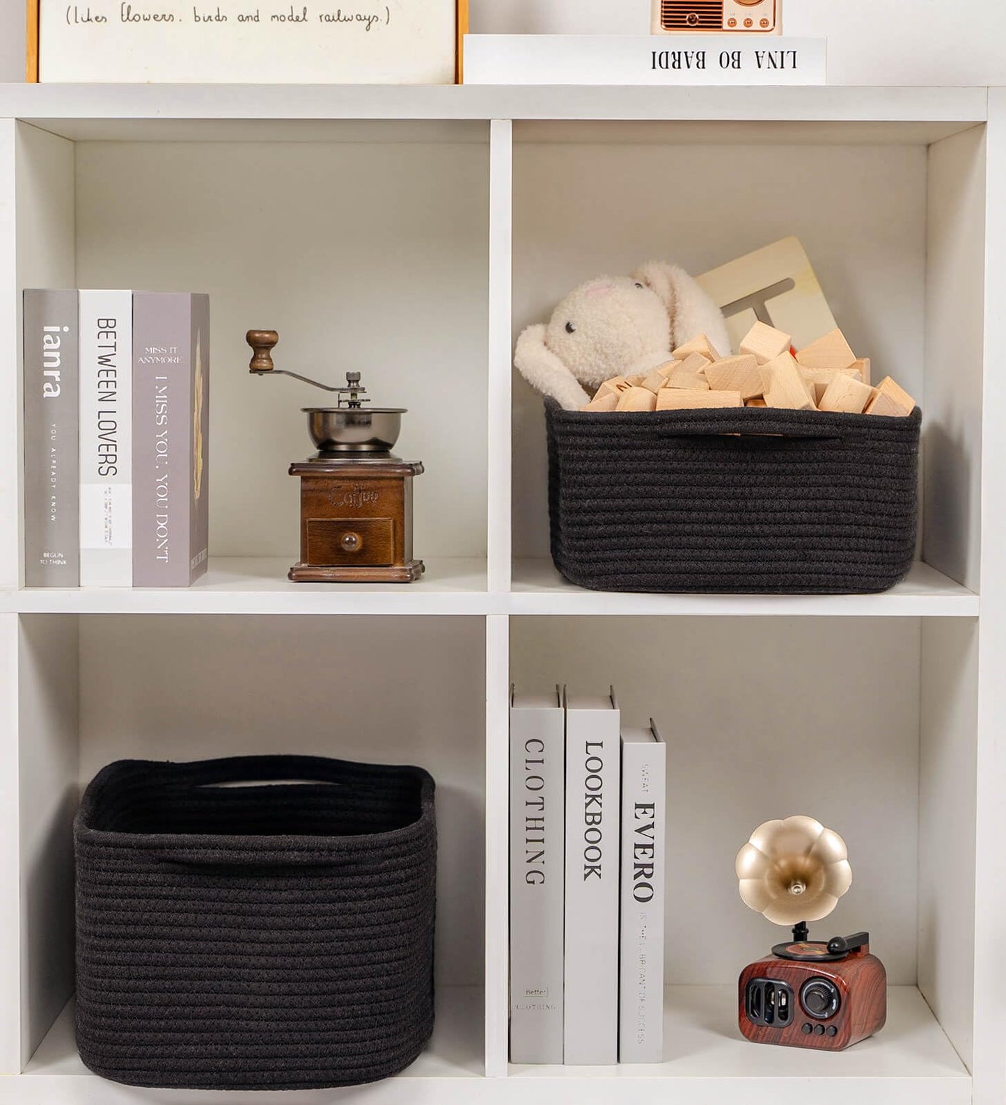 CubesLand Cute and Durable Small Cotton Rope Basket for Organizing, Woven Closet Storage Bin,Shelves Closet Storage Basket, Bathroom Storage Organizer Bin, Nursery Toy Basket Bin, Black Basket