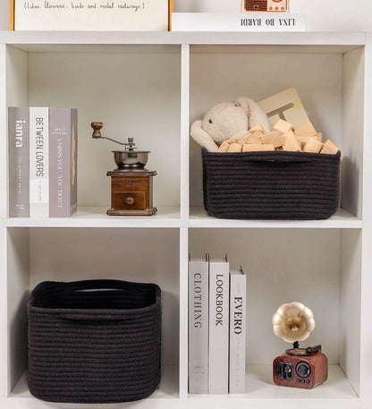 CubesLand Cute and Durable Small Cotton Rope Basket for Organizing, Woven Closet Storage Bin,Shelves Closet Storage Basket, Bathroom Storage Organizer Bin, Nursery Toy Basket Bin, Black Basket