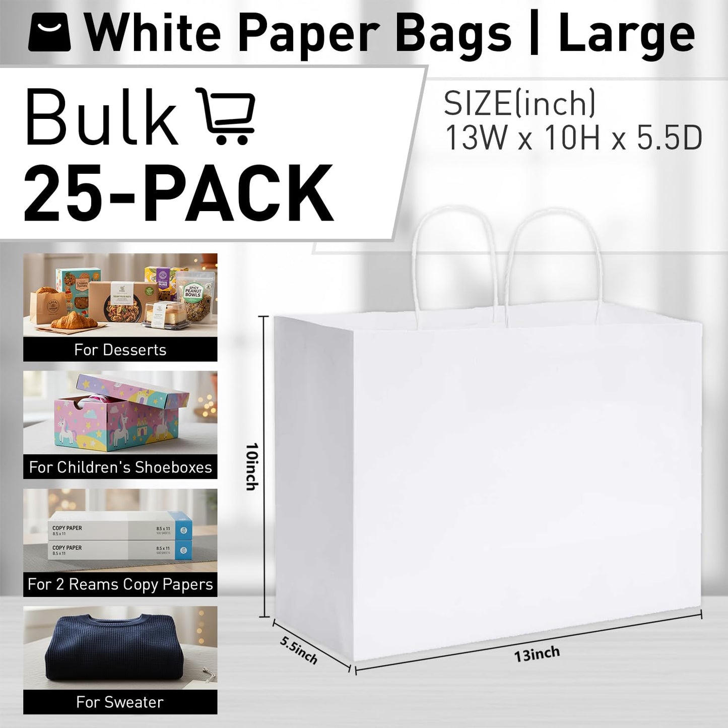 SUNCOLOR White Gift Bags with Handles, Large 13x10x5.5 Inch, 25 Pack, for Birthday, Wedding, Retail, Shopping