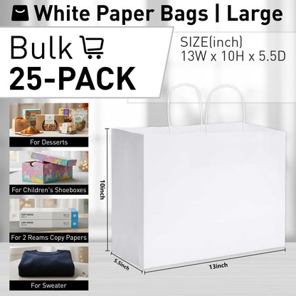 SUNCOLOR White Gift Bags with Handles, Large 13x10x5.5 Inch, 25 Pack, for Birthday, Wedding, Retail, Shopping