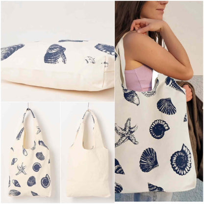 Beach Inspired Canvas Tote Bag For Women, Nautical Seashell And Starfish Print, Casual Shoulder Bag Aesthetic, Cute Small Book Tote, Portable Washable For Women Grocery Shopping Gift For Birthday Day